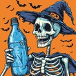 © poo - Halloween water bottle label design: Design a graphic for a water bottle label featuring a smiling skeleton holding a water bottle. Incorporate Halloween elements while keeping the design playful and