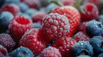 Wall Mural - Close-up of Fresh Raspberries and Blueberries