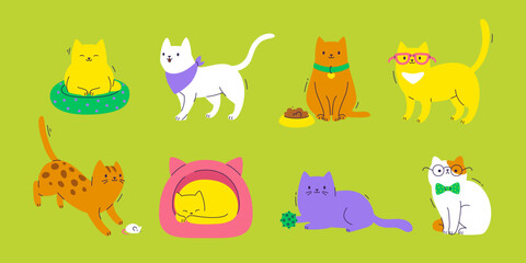 Wall Mural - funny colorful cats set. vector collection with cartoon cats and grooming accessories.