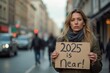 © Hannes - Woman holding sign with '2025 is Near' message on busy city street, expressing concern about future, wearing scarf and jacket.