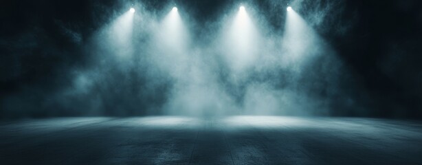 Wall Mural - an open stage with smoke and fog in the background getting highlighted by spotlights, professional p