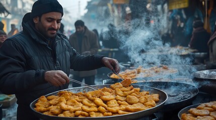 Frying food at a market in Srinagar.