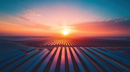 Wall Mural - An expansive solar farm at sunrise, with rows of panels stretching into the distance, the sky painted in warm hues of dawn.