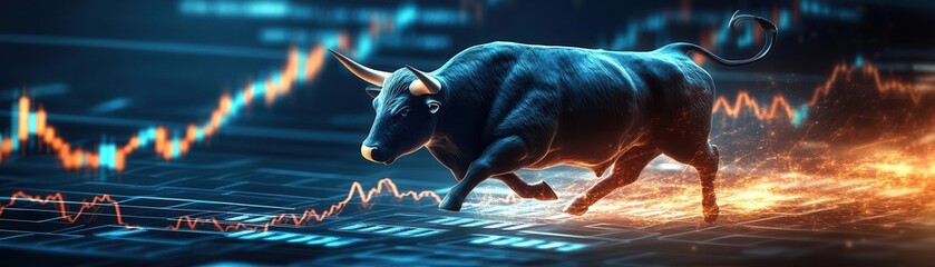 Wall Mural - a dynamic bull represents market growth and optimism amidst digital trading graphs and financial dat