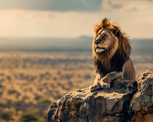 Poster - Majestic lion surveys its arid savanna territory from rocky outcrop with signs of severe drought