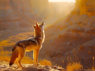 Poster - Coyote Howling at Desert Sunset Embodying the Wild Spirit of the Land