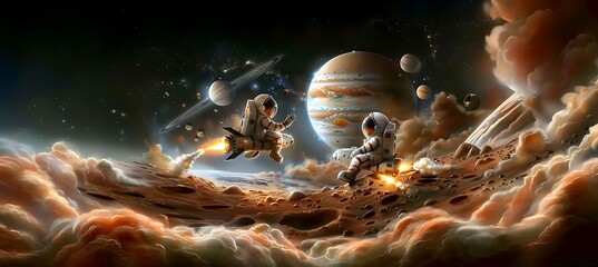 Poster - astronauts are riding on the moon with planets in the background