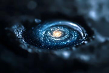 Sticker - A close-up of a single water droplet with a detailed blue galaxy spiral arm in the center