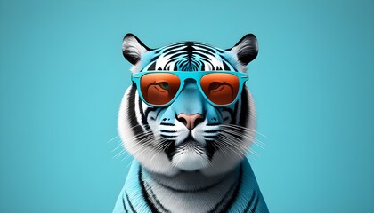 Wall Mural - Trendy Tiger Face in Sunglasses Against Pastel Blue Background with Space for Text