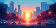 © Visual Prospects - city street building urban traffic cars on road downtown early morning sunrise horizontal banner flat, Generative AI