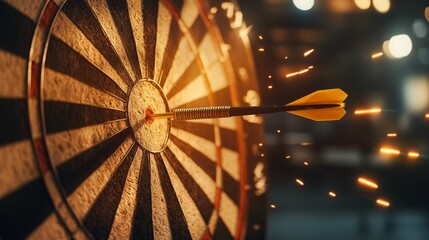 Sticker - Close up shot of dart arrows hitting a dart board right in the bullseye with flashing lights beside it, casino and games, fun and hobbies, professional photography
