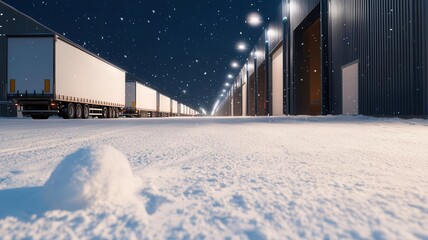 Winter evening at a logistics hub, with fresh snow on the ground, trucks parked, and the buildings lights shining brightly in the cold air, 3D illustration