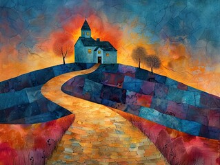 Wall Mural - Winding Path to a Church on a Hilltop at Sunset