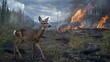 © 69 - In a dramatic scene, a deer flees from a raging forest fire, showcasing the urgent instinct of wildlife to escape danger in a natural habitat.