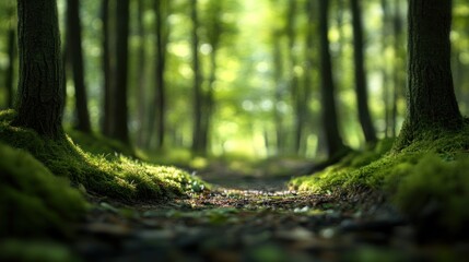 Poster - A Sunlit Path Through a Mossy Forest