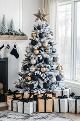 Poster - A beautifully decorated frosted Christmas tree with black and white ornaments stands in a cozy room, surrounded by neatly wrapped presents.