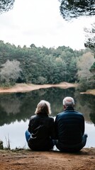 Wall Mural - A serene moment by the lake with an older couple enjoying nature's tranquility.