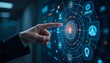 © Robiul - A hand pointing at a futuristic digital interface with various icons and symbols, set against a dark, high-tech background