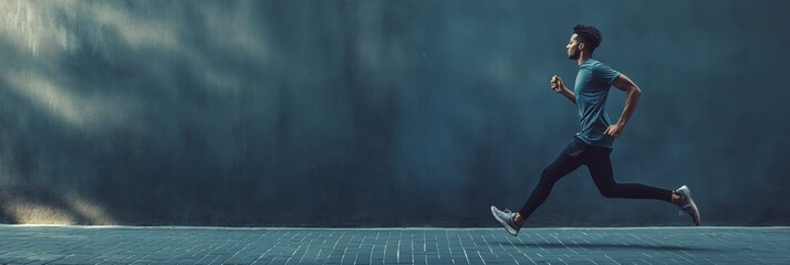 Wall Mural - A man is running in the rain. Concept of determination and perseverance as the man continues to run despite the wet conditions