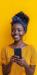 Sticker - A woman with a blue head scarf is holding a cell phone. She is smiling and she is happy