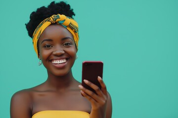 Sticker - A woman with a yellow headband is holding a red cell phone and smiling. Concept of happiness and positivity, as the woman is enjoying herself while using her phone