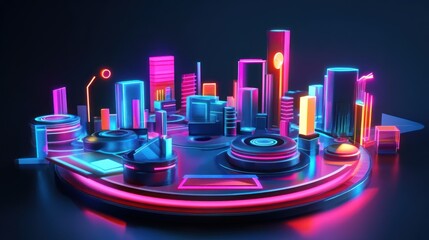 Poster - Neon Cityscape with Glowing Structures and Circular Base