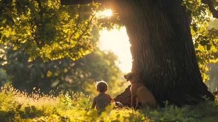 Wall Mural - Boy and Dog Resting Under the Shade of a Majestic Oak Tree with Sunlight Filtering Through the Leaves