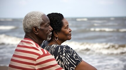 Sticker - A couple enjoying a serene moment by the beach, gazing at the ocean waves.