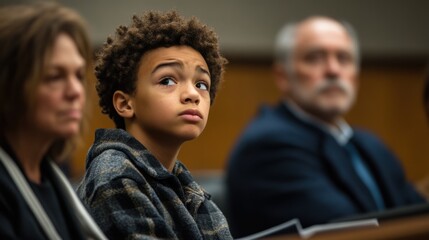 a young defendant sits in juvenile court, attentively listening to discussions while flanked by supp