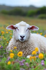 Wall Mural - A close-up of a sheep resting among colorful wildflowers in a serene landscape.