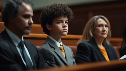 in a juvenile courtroom, a young defendant appears worried while seated between his attorney and a f