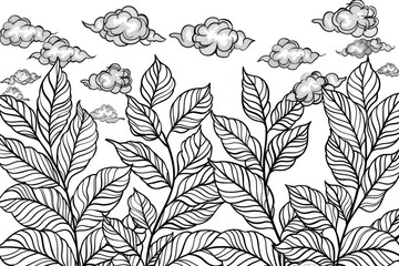 Coloring book illustration of tree leaves with a backdrop of fluffy clouds and blue sky