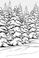 Wall Mural - Coloring book illustration of snow covered trees during a winter sunset