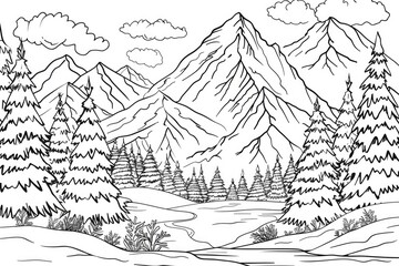 Wall Mural - Coloring book illustration of snow covered mountains in winter scenery