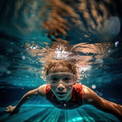 Wall Mural - Young swimmer underwater swimming recreation.