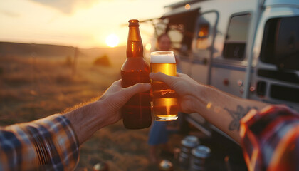 Young couple toasting with bottles of beer near trailer. Camping season