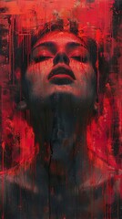 Poster - Abstract Portrait of a Woman with Red and Black Paint Dripping