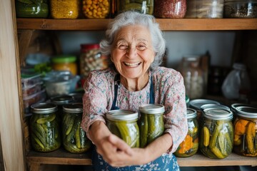 An elderly woman, full of cheer, displays jars of pickles in a rustic pantry, capturing the charm and satisfaction of homemade preservation and artistry.