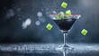 © Kasiwat - refreshing cocktail splashing with vibrant green ice cubes, captured in a sleek glass on a dark, moody background.