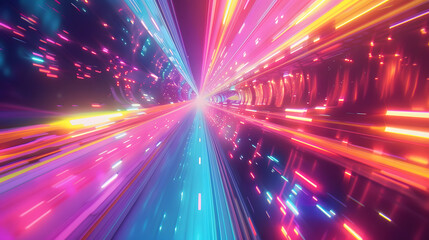 The futuristic tunnel is illuminated by bright neon light streaks, creating a captivating display of vibrant colors and dynamic energy, offering a spectacular visual experience