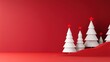 © CHA - A minimalist Christmas scene featuring white paper trees with red stars against a vibrant red background, perfect for holiday-themed designs.