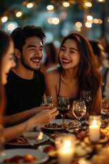 Group of Cheerful Asian friends enjoy dinner party together at home