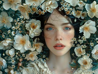 Poster - Woman in a Floral Crown: A Dreamy Portrait