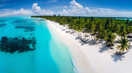 Crystal-clear turquoise waters meet pristine white sandy shores under a bright blue sky at a tropical beach