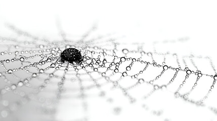 A close-up of a spider web adorned with glistening water droplets