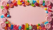 © Rhony - A bright and unique frame of colorful candies, lollipops and sprinkles on a pastel pink background, perfect for adding a sweet touch to your design.