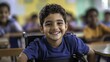 © rui - A cheerful disabled school boy sitting in a wheelchair, smiling brightly at the camera while students are seen blurred in the background, capturing the essence of inclusion and positivity in education