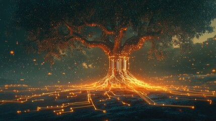 An abstract technology tree with glowing circuit-like branches, its roots extending into the ground of a surreal landscape filled with digital patterns