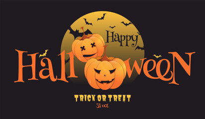 Happy Halloween yellow greeting card with pumpkin and bats