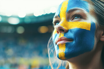 Proud Female Fan with Swedish Face Paint at Stadium. A young woman with light skin and vibrant face paint, gazing upward with a determined expression during a sports event.
